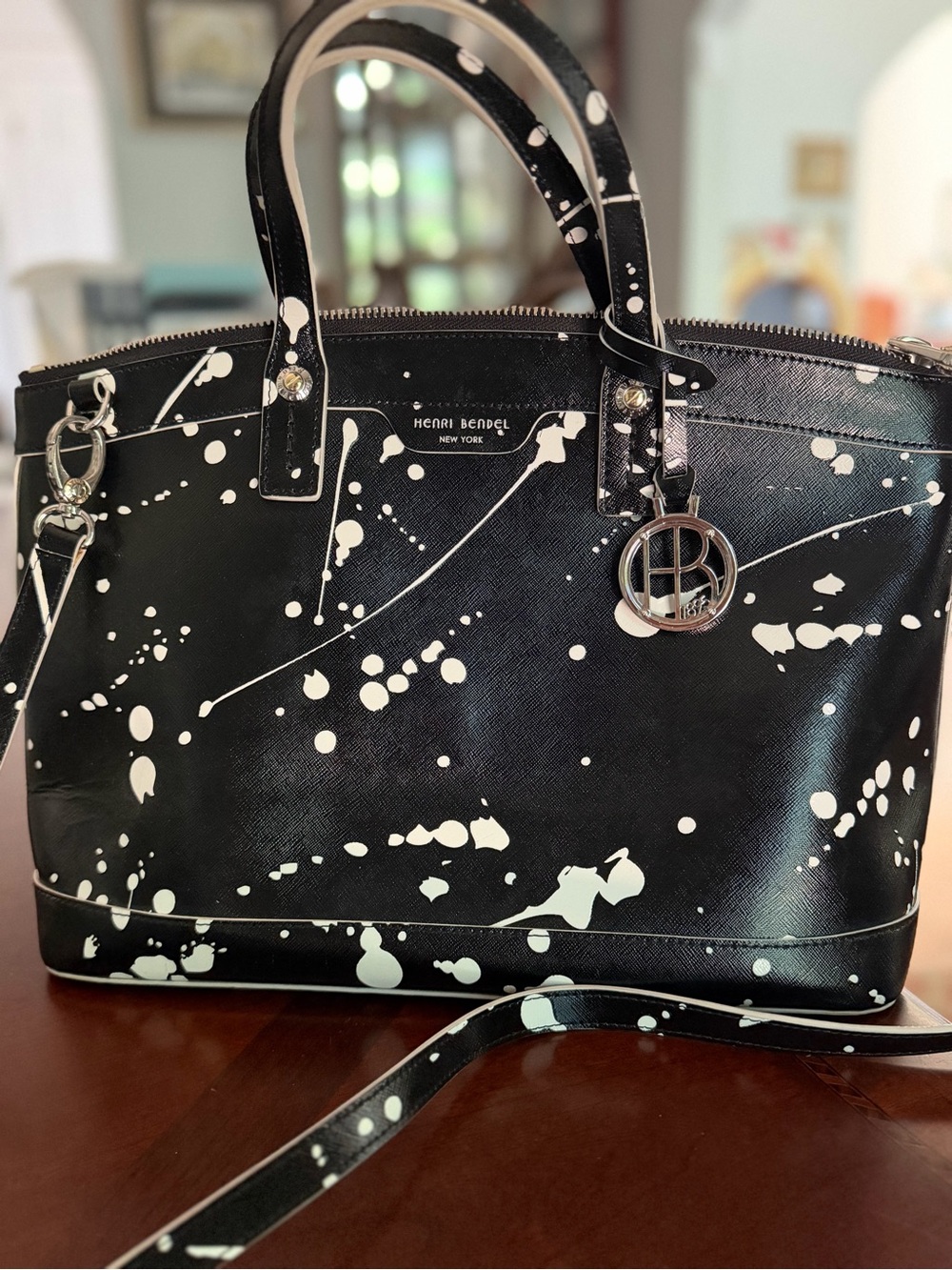 Henri Bendel Black Leather Divine Splatter Satchel Crossbody Tote *RARE* EUC